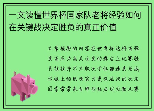 一文读懂世界杯国家队老将经验如何在关键战决定胜负的真正价值